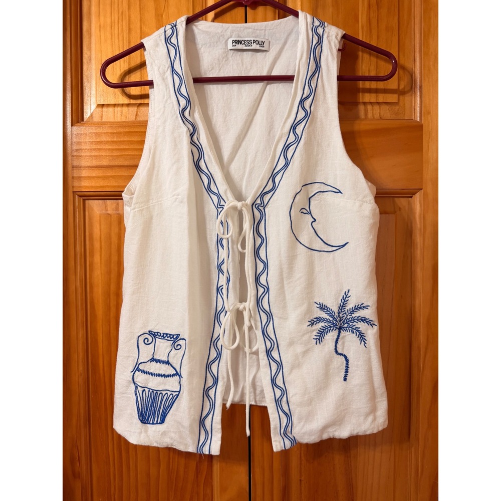 Princess Polly Sun And Palm Trees Vest Top‎ White Blue Linen Blend Embroidered 4